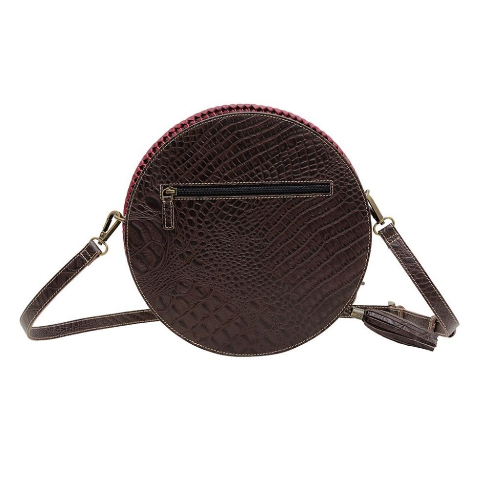 Myra Bag Handmade Coffee Round Bag Upcycled Canvas & Cowhide Leather - Picture 3 of 7